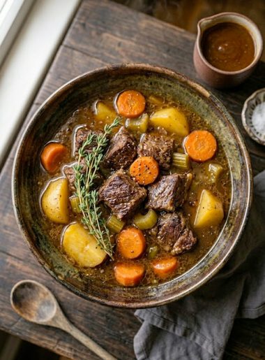 Easy slow cooker beef stew in a rustic ceramic bowl with tender beef chunks, carrots, potatoes and rich brown broth, garnished with fresh thyme