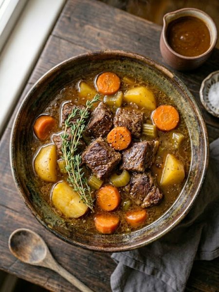 Easy slow cooker beef stew in a rustic ceramic bowl with tender beef chunks, carrots, potatoes and rich brown broth, garnished with fresh thyme
