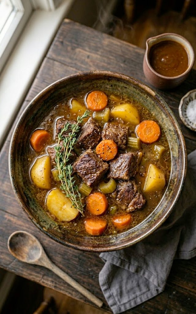 Easy slow cooker beef stew in a rustic ceramic bowl with tender beef chunks, carrots, potatoes and rich brown broth, garnished with fresh thyme