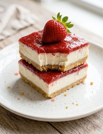 Easy keto strawberry cheesecake bars with almond flour crust, creamy cheesecake filling and fresh strawberry topping on a white plate garnished with whole fresh strawberries