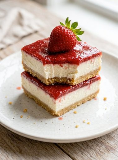 Easy keto strawberry cheesecake bars with almond flour crust, creamy cheesecake filling and fresh strawberry topping on a white plate garnished with whole fresh strawberries