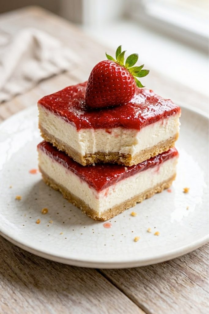 Easy keto strawberry cheesecake bars with almond flour crust, creamy cheesecake filling and fresh strawberry topping on a white plate garnished with whole fresh strawberries