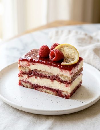 A plated slice of easy raspberry tiramisu showing distinct layers of mascarpone cream and raspberry soaked ladyfingers topped with fresh raspberries and a lemon slice on a white plate