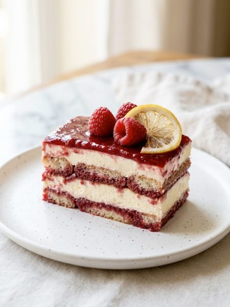 A plated slice of easy raspberry tiramisu showing distinct layers of mascarpone cream and raspberry soaked ladyfingers topped with fresh raspberries and a lemon slice on a white plate