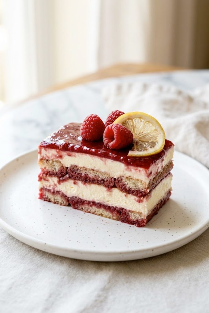 A plated slice of easy raspberry tiramisu showing distinct layers of mascarpone cream and raspberry soaked ladyfingers topped with fresh raspberries and a lemon slice on a white plate