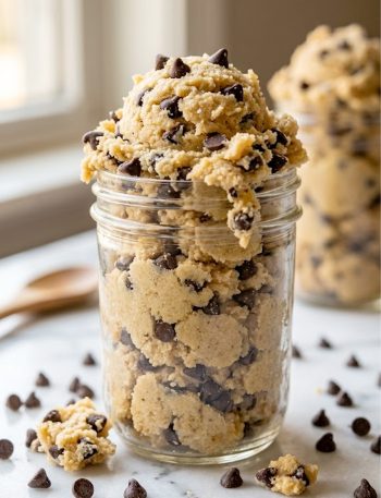 A glass mason jar overflowing with pale golden edible keto cookie dough studded with dark sugar-free chocolate chips on a white marble surface with extra chocolate chips scattered around