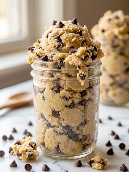 A glass mason jar overflowing with pale golden edible keto cookie dough studded with dark sugar-free chocolate chips on a white marble surface with extra chocolate chips scattered around