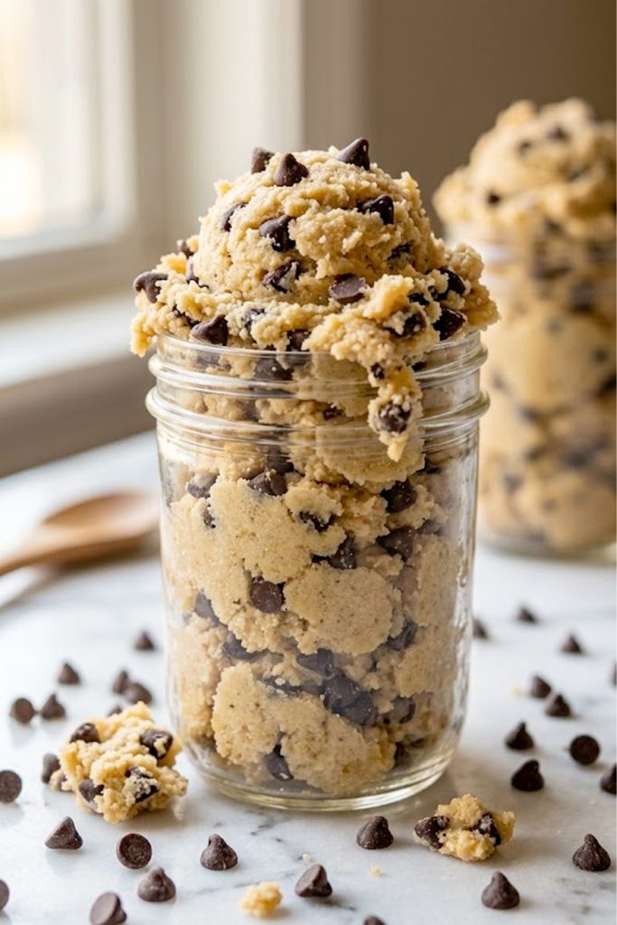 A glass mason jar overflowing with pale golden edible keto cookie dough studded with dark sugar-free chocolate chips on a white marble surface with extra chocolate chips scattered around