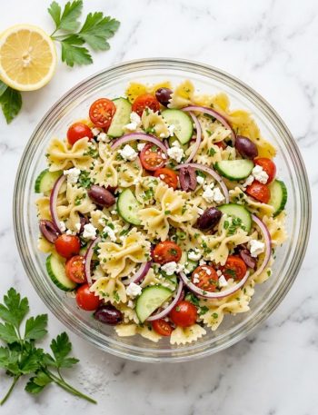 A large glass bowl filled with bowtie pasta salad tossed with cherry tomatoes, sliced cucumber, red onion, kalamata olives, crumbled feta cheese, and fresh parsley in a bright lemon herb dressing