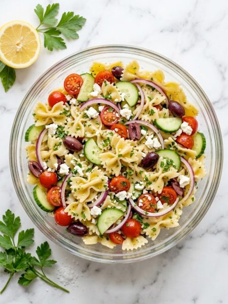 A large glass bowl filled with bowtie pasta salad tossed with cherry tomatoes, sliced cucumber, red onion, kalamata olives, crumbled feta cheese, and fresh parsley in a bright lemon herb dressing