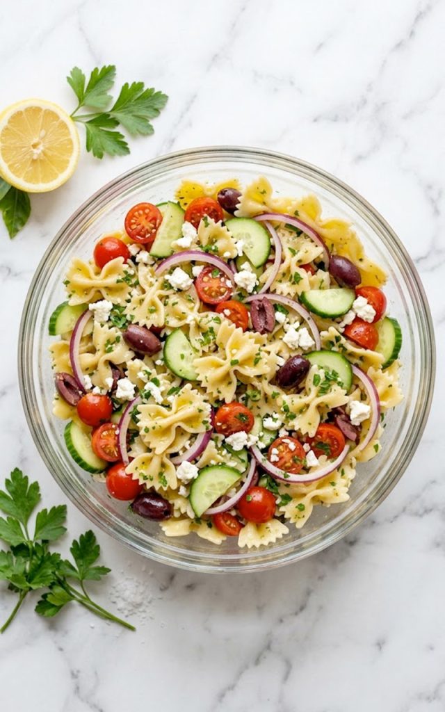 A large glass bowl filled with bowtie pasta salad tossed with cherry tomatoes, sliced cucumber, red onion, kalamata olives, crumbled feta cheese, and fresh parsley in a bright lemon herb dressing