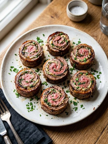 Golden brown flank steak pinwheels on a white plate showing the spiral cross-section with a juicy pink center and caramelized crust garnished with fresh parsley