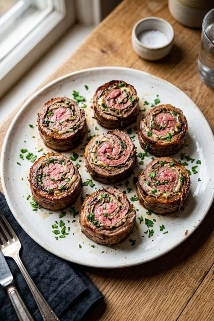 Golden brown flank steak pinwheels on a white plate showing the spiral cross-section with a juicy pink center and caramelized crust garnished with fresh parsley