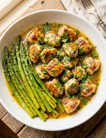 A white ceramic serving bowl filled with golden seared garlic butter chicken bites glistening in a rich golden butter sauce with fresh parsley, served alongside bright green asparagus spears on a rustic wooden surface