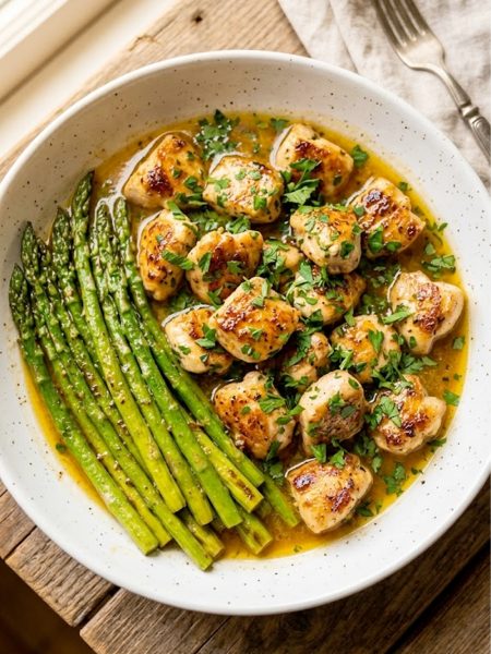 A white ceramic serving bowl filled with golden seared garlic butter chicken bites glistening in a rich golden butter sauce with fresh parsley, served alongside bright green asparagus spears on a rustic wooden surface