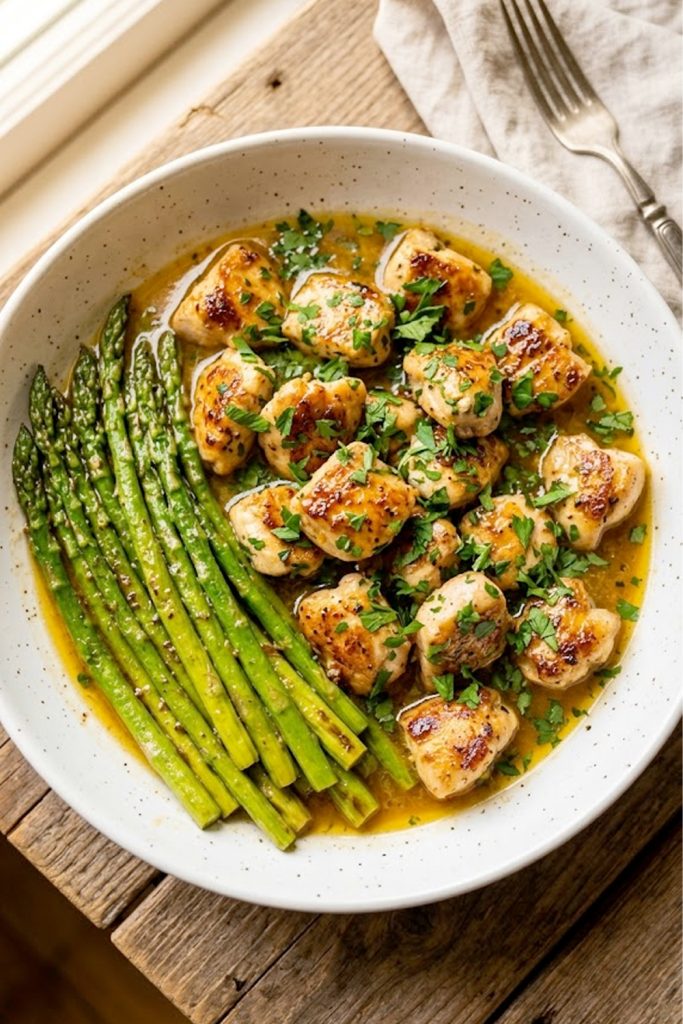 A white ceramic serving bowl filled with golden seared garlic butter chicken bites glistening in a rich golden butter sauce with fresh parsley, served alongside bright green asparagus spears on a rustic wooden surface