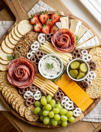 A large wooden handled tray charcuterie board loaded with brie, cheddar, salami roses, fresh strawberries, green grapes, assorted crackers, pickles, pretzels, and a herbed cream cheese dip for girls night