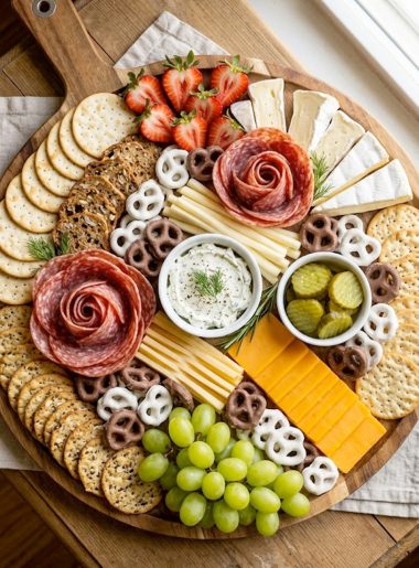 A large wooden handled tray charcuterie board loaded with brie, cheddar, salami roses, fresh strawberries, green grapes, assorted crackers, pickles, pretzels, and a herbed cream cheese dip for girls night
