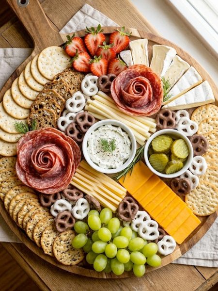 A large wooden handled tray charcuterie board loaded with brie, cheddar, salami roses, fresh strawberries, green grapes, assorted crackers, pickles, pretzels, and a herbed cream cheese dip for girls night
