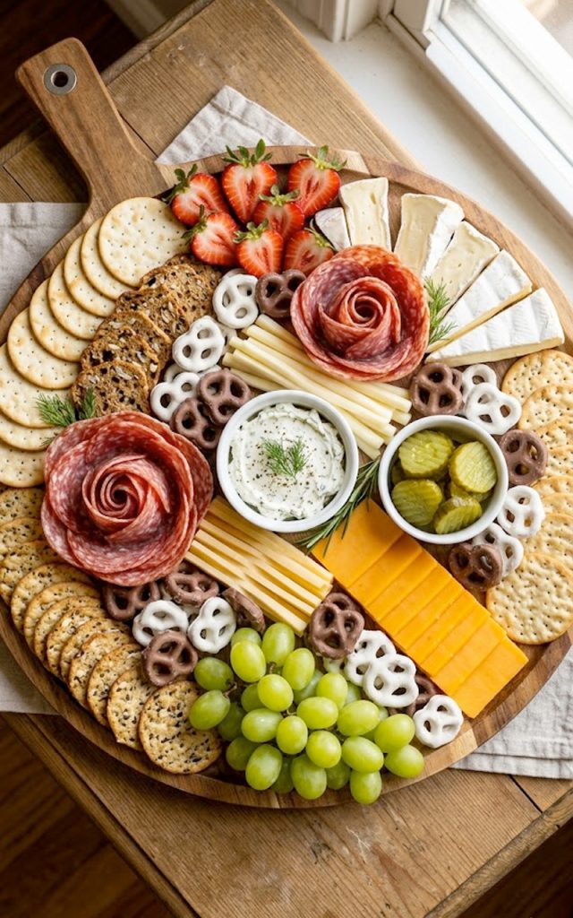 A large wooden handled tray charcuterie board loaded with brie, cheddar, salami roses, fresh strawberries, green grapes, assorted crackers, pickles, pretzels, and a herbed cream cheese dip for girls night