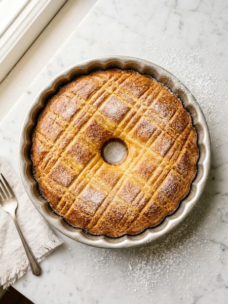 Golden French butter cake with a crosshatch pattern and sugar crust in a round silver baking pan on a marble surface