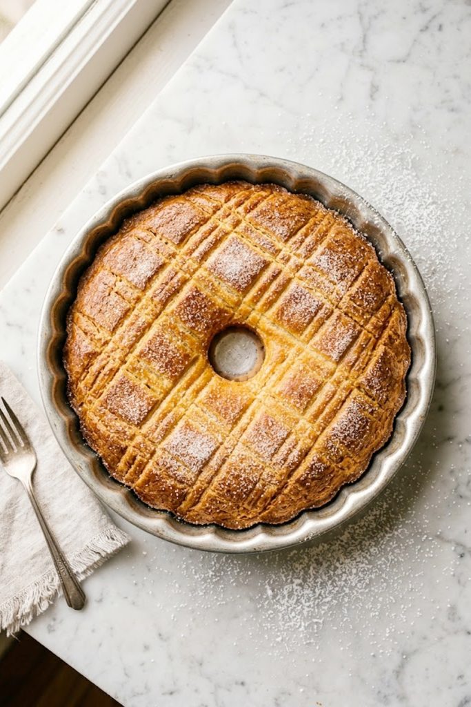 Golden French butter cake with a crosshatch pattern and sugar crust in a round silver baking pan on a marble surface