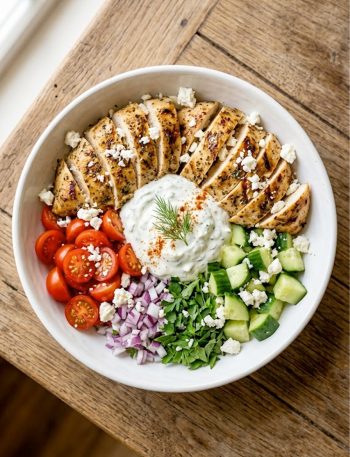 A vibrant Greek chicken bowl with sliced grilled chicken, cherry tomatoes, diced cucumbers, red onion, crumbled feta, and creamy tzatziki sauce on a wooden table