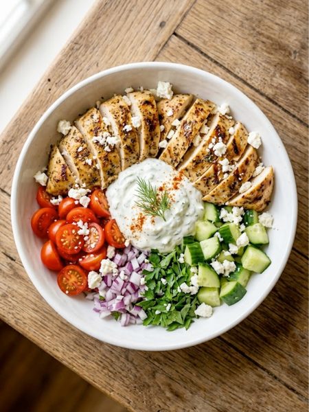 A vibrant Greek chicken bowl with sliced grilled chicken, cherry tomatoes, diced cucumbers, red onion, crumbled feta, and creamy tzatziki sauce on a wooden table