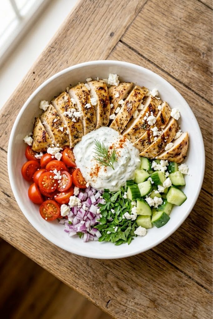 A vibrant Greek chicken bowl with sliced grilled chicken, cherry tomatoes, diced cucumbers, red onion, crumbled feta, and creamy tzatziki sauce on a wooden table