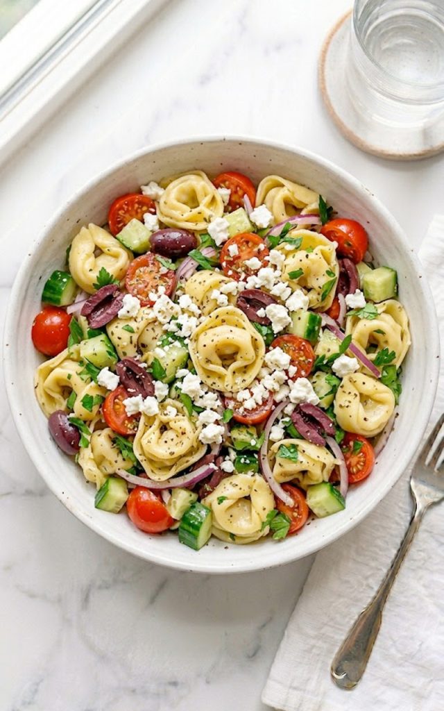 A large white ceramic bowl of Greek tortellini pasta salad filled with cheese tortellini, halved cherry tomatoes, kalamata olives, diced cucumber, thinly sliced red onion, fresh parsley, and generous crumbles of feta cheese tossed in a bright Greek vinaigrette on a white marble surface