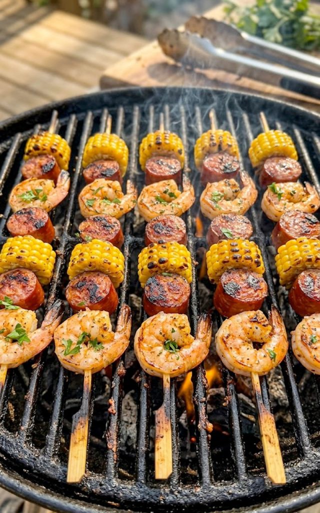 Multiple grilled shrimp and sausage skewers with charred corn rounds cooking on a hot outdoor grill grate seasoned with Cajun spice rub