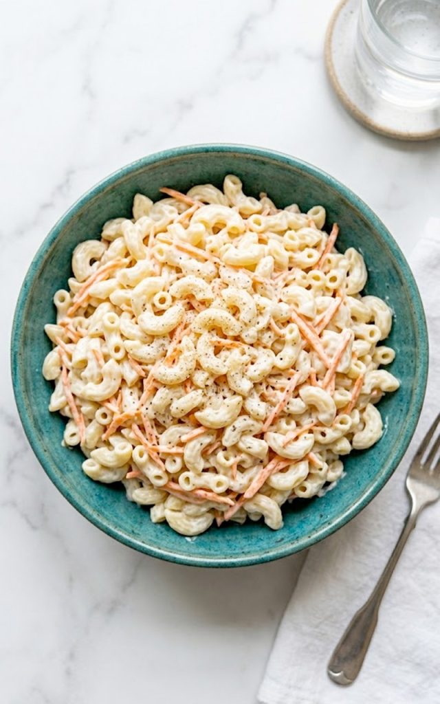 A large teal ceramic bowl filled with creamy Hawaiian macaroni salad made with elbow macaroni, shredded carrots, and a rich mayo dressing, garnished with white pepper on a white marble surface