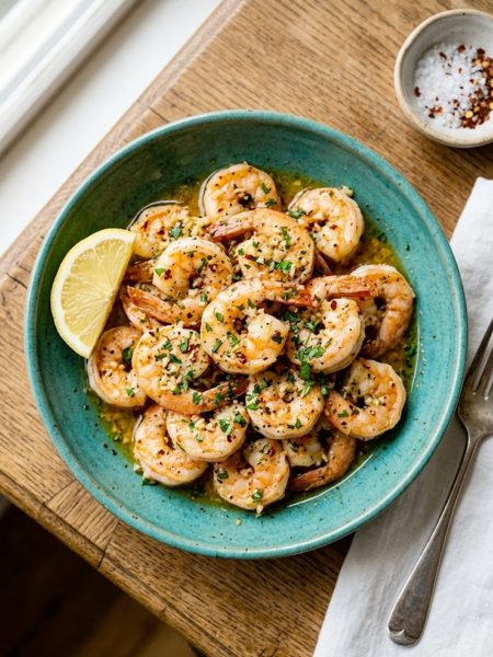 Juicy Hawaiian garlic shrimp coated in golden garlic butter sauce garnished with fresh parsley and lemon wedges in a teal ceramic bowl