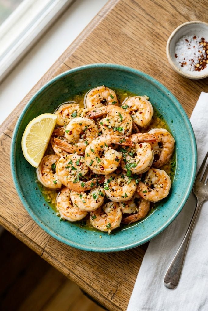 Juicy Hawaiian garlic shrimp coated in golden garlic butter sauce garnished with fresh parsley and lemon wedges in a teal ceramic bowl
