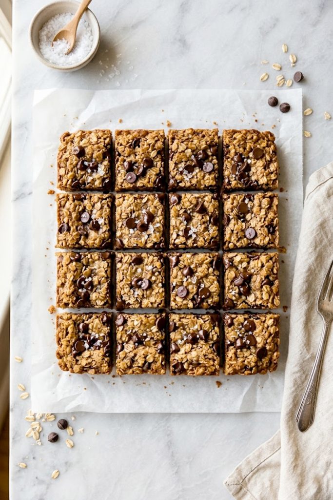 Healthy chocolate chip oatmeal bars cut into squares on parchment paper with melted chocolate chips on top