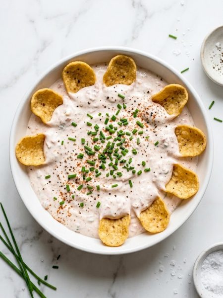 Healthy high-protein pool dip made with Greek yogurt and cottage cheese served in a white bowl with Frito Scoops and fresh chives on top