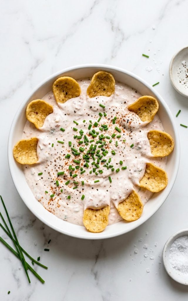 Healthy high-protein pool dip made with Greek yogurt and cottage cheese served in a white bowl with Frito Scoops and fresh chives on top