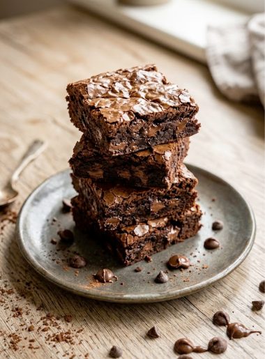 Stack of fudgy high protein cottage cheese brownies on a rustic plate with chocolate chips scattered around