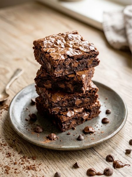 Stack of fudgy high protein cottage cheese brownies on a rustic plate with chocolate chips scattered around