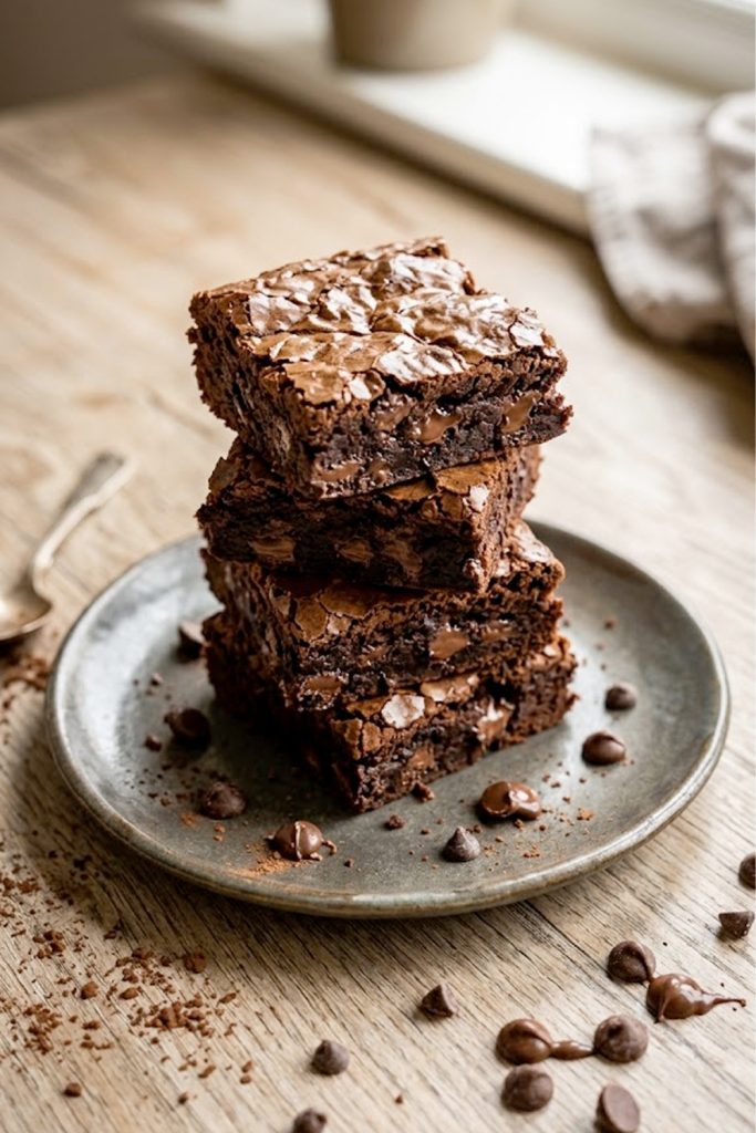 Stack of fudgy high protein cottage cheese brownies on a rustic plate with chocolate chips scattered around