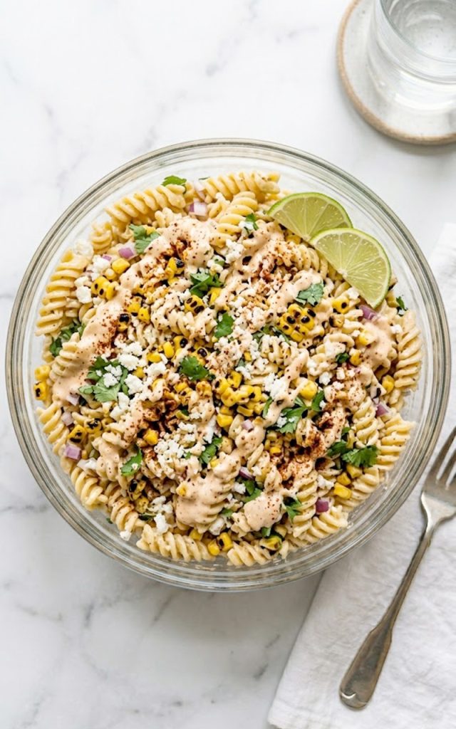 A large glass bowl of high protein elote pasta salad topped with crumbled cotija cheese, fresh cilantro, and chili powder with lime wedges on the side