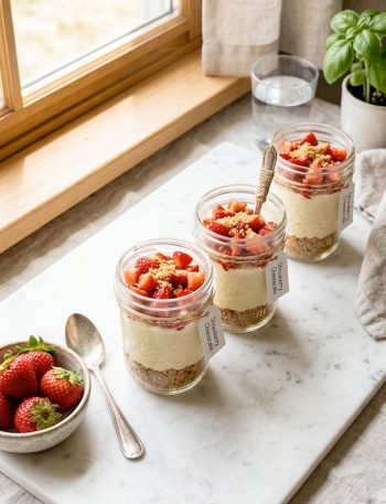 Four high protein cheesecake jars with layers of graham cracker crust, creamy cheesecake filling, and fresh strawberries on top, photographed on a white marble surface