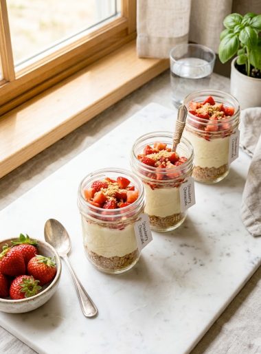 Four high protein cheesecake jars with layers of graham cracker crust, creamy cheesecake filling, and fresh strawberries on top, photographed on a white marble surface