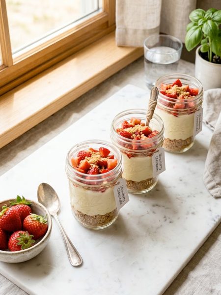 Four high protein cheesecake jars with layers of graham cracker crust, creamy cheesecake filling, and fresh strawberries on top, photographed on a white marble surface