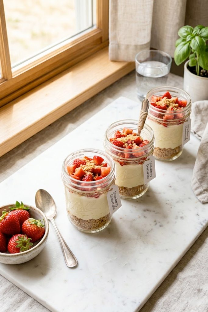 Four high protein cheesecake jars with layers of graham cracker crust, creamy cheesecake filling, and fresh strawberries on top, photographed on a white marble surface