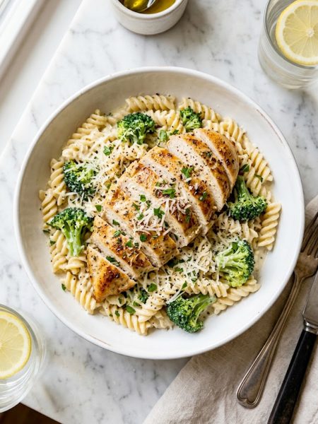 High protein chicken pasta with golden seared sliced chicken breast over creamy garlic parmesan rotini pasta and tender broccoli florets garnished with fresh parsley and grated parmesan in a white ceramic bowl