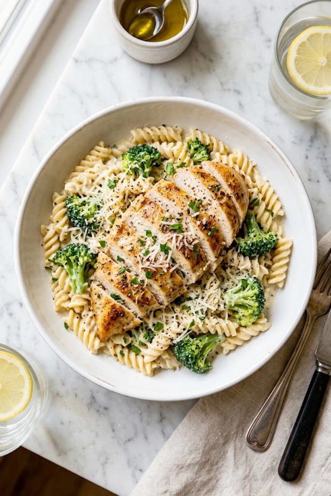 High protein chicken pasta with golden seared sliced chicken breast over creamy garlic parmesan rotini pasta and tender broccoli florets garnished with fresh parsley and grated parmesan in a white ceramic bowl