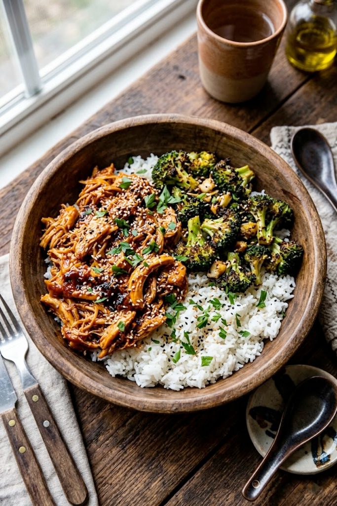 High protein shredded chicken bowl with saucy pulled chicken roasted broccoli florets and fluffy white rice garnished with sesame seeds and fresh herbs in a wooden bowl