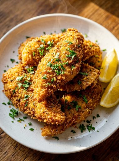 Homemade crispy lemon herb chicken tenders piled high on a white plate with a golden panko crust garnished with fresh parsley and lemon wedges