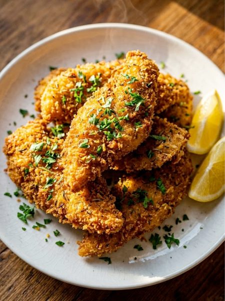 Homemade crispy lemon herb chicken tenders piled high on a white plate with a golden panko crust garnished with fresh parsley and lemon wedges
